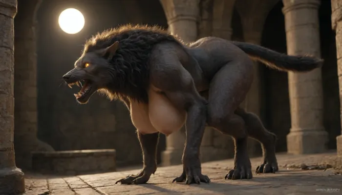Medieval.random angle, side view. Fantasy art.high definition. female werewolf, furry, howling under full moon, massive breasts, modern-werewolf, full naked, very wide hips, a big bulging pussy, claws on her hands, glowing eyes, big sharp claws, fangs, long black fur, she was overcome with sexual passion at the thought of all the men who would soon fuck her.