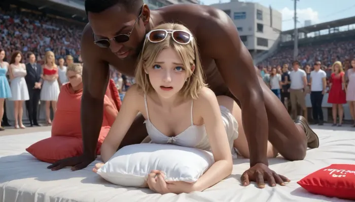 (interracial), Cowgirl in red sundress, color red, slim breasts, cowboy boots, blonde hair, sunglasses on top of head, pretty red sundress, light red sundress, Texas, rowdy, modest, blue eyes, small firm ass, tears in eyes, biting pillow, pain, doggystyle, high detail, ((fucked from behind)), huge man behind, submission, fucked in the ass, very happy, excited, cowboy, public sex, exhibition, party girl, crowd around them