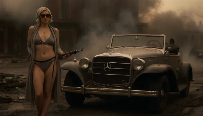 (warm ambient light:.5), (Full body view), Blonde slender flat-chested woman in 1950 after car accident with street sign, damaged and burning Mercedes-Benz W 136 built in 1945, she wears grey lingerie and a headscarf and large dark sunglasses, holds a submachine gun in her hands, (Thompson 1928 Chicago Typewriter Mafia-MG:1.7), sharp focus on woman, extremely blurred Mercedes background with fire and smoke, blurred due to the shallow depth of field, (smoke Mercedes:1.8), extremely much smoke comes out of the destroyed hood, cloudy, smoke, atmospheric, clouds, fog, <lora:sunlight_str1-SDXL_v1-dim64-steps1691:1>, <lora:MJ52:.5>, <lora:Cloudy_Style:1.6>