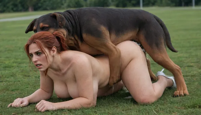 beauty obese redhead female, gorgeous large breasts, rounded ass, perfect eyes, ponytail, bright makeup, high heels, all fours, lawn, (rape by big dog:1.8), (covered cum:1.3), side view