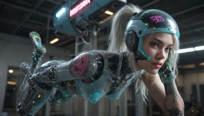 zoomed out full body portrait, ((Asian cyborg girl with human face and lights on helmet:1)), (neon pink and neon green robotic arms), (robotic legs), (neon blue robotic feet), robotic skeleton with visible neon robotic organs, many face scars and many tattoos, platinum hair in high ponytail, hanging from helicopter, <lora:PAseer-SDXL-Transparent Robot:.5>, <lora:DetailedEyes_V3:.5>
