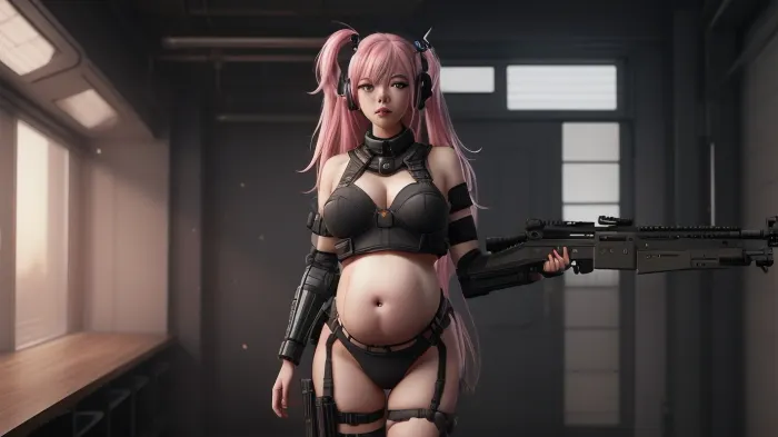 a pregnant woman with pink hair in a room, she hold a gun, m4 sopmod ii girls frontline, mechanized soldier girl, fine details. girls frontline, artwork in the style of guweiz, from girls frontline, seductive anime girl, soldier girl, guweiz, with rifle, girls frontline style, badass anime 8 k, oppai cyberpunk, nude, <lora:weight_slider_v2:.2>, <lora:eye_size_slider_v1:.2>, <lora:age_slider_v20:.2>