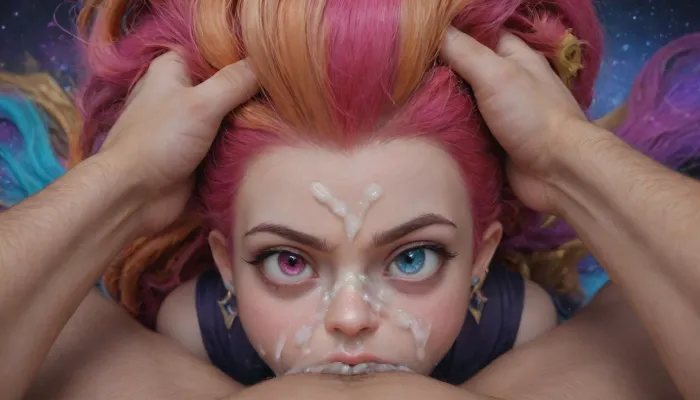 (Zoe from "League of Legends":2), (angry), (heterochromia:1.2), (18yo), (head pull), (extreme deepthroat), (cum on face:1.4), (pov), (galaxy clouds background)