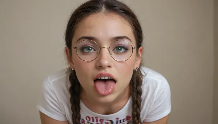 An 18yo girl, ((like Olivia Rodrigo:1.4)), geeky, nerd, with big round glasses, braces on teeth, brown hair in braids, on her knees, mouth open, tongue out, eyes squinting with pleasure, she squints, drool coming out of her mouth, drool flowing from tongue, viewer can see her small breasts underneath her white t-shirt, green eyes, pov, facing her, frontal view, teasing face