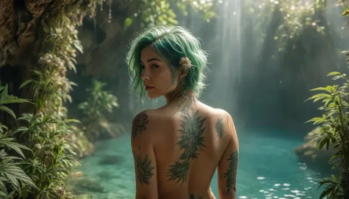 (full body backside view:2), Morning mood in an underwater garden full of flowering cannabis plants. Large, phallic blossoms. The sun slowly breaks through the turquoise water. A naked, green-haired, slender, hot, self-confident stunning woman. Her entire body is covered in floral green tattoos, a perfect face, perfect green eyes, a quiet smile, rich green hair, (she is surrounded by countless giant green cannabis blossoms), sunlight_str1, cloudy, smoke, atmospheric, clouds, underwater, grotto, cave, sandy, sea, floor, reef, <lora:sunlight_str1-SDXL_v1-dim64-steps1691:.7>, <lora:Cloudy_Style:.4>, <lora:MJ52:.6>, <lora:Underwater_Environment_v01-000002:1.1>