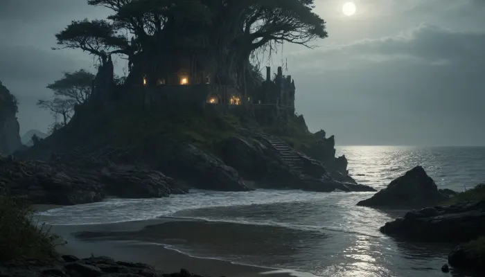 The scene is made on the ocean shore with vegetation in the style of dark fantasy-a dystopia with a very detailed and atmospheric environment. The world in the water is magically infected with glowing anomalies, perverted nature, and the remnants of vanished civilizations. The light is unnatural, casting eerie shadows. The art style combines elements of medieval fantasy.