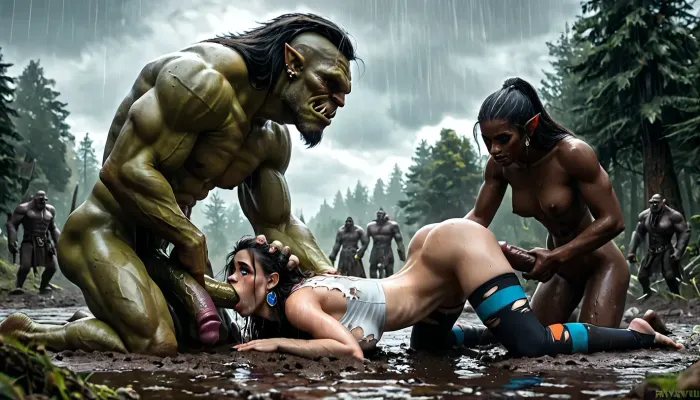 Highly realistic sharp focus, her eyes rolled back, (side view, face down pussy fucked), she is looking up, crying expression, pouting mouth, (laying flat face down pussy fucked in sinking sticky tar pit), orc leaning onto her back, she is reaching forward grasping alien worm, ((cute princess)), orcs pull her hair and head back by her hair, orc's cock in her pussy, ((aroused face)), wearing tight white longsleeve scoop cotton crop top, torn black leggings, 18 years old, perfect skin, long black hair, (Her ass turned to us), (blue eyes), ((((perkynatural boobs)))), skinny hips, (a giant monster stand next to her:1.3), vivid color, gate of an orc village in mud with dark rain sky, orc, group, of, woman, laying, on, stomach, <lora:580159_training_data:1.1>, <lora:EdobOrc_XL_v1.0:.8>, <lora:dark:.2>, <lora:Animated_Concept:1.5>