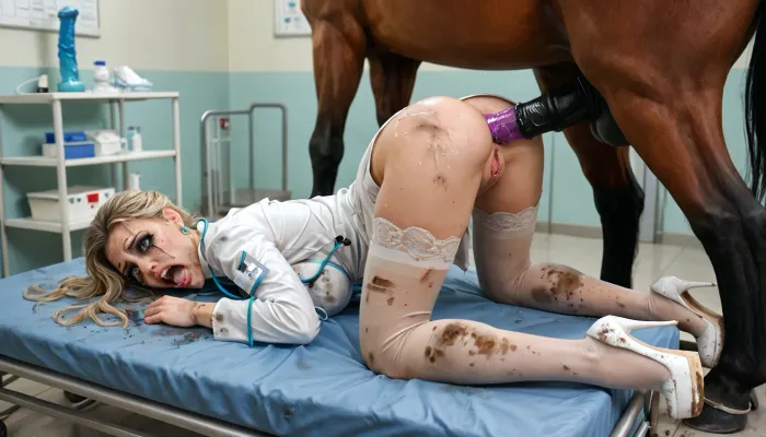 Hospital, Rubbish and dirt, Military doctor, doctors uniform, dildo, horse dildo, anal, full anal, European model, Scandinavian model, beautiful face, beautiful makeup, screaming, big breasts, beige stockings, high-heeled, upass, solo, ass, pussy, top-down, bottom-up, (side view), (rape by horse:1.8)