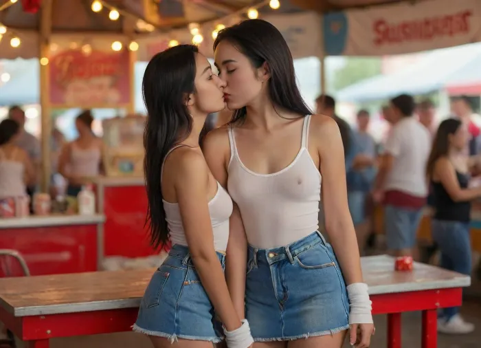 (((Kissing Booth))), (Kissing Booth at a county fair), asian Filipina model in a Kissing_Booth, petite, skinny, youthful, blushing, freckles, (thin white tanktop), (air_jordans), (denim skirt), athletic socks, (toned), long black hair in pigtails, seethru, <lora:MJ52:.8>, <lora:seethruv3_SDXL:.2>