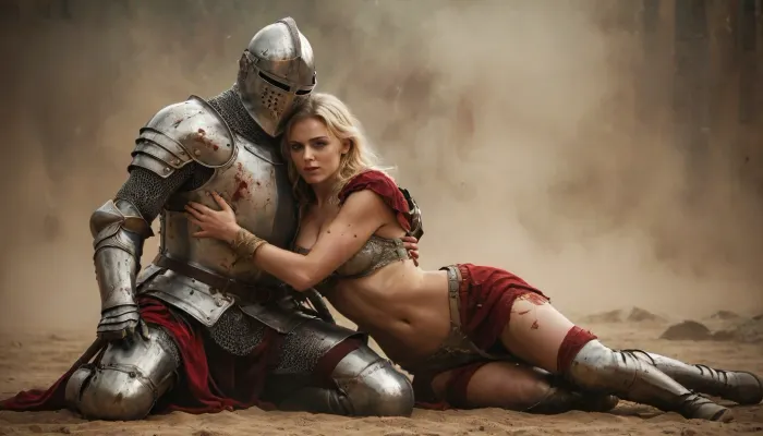 Full-body view of a slender, flat-chested, A sexy blonde noblewoman, after a bloody battle, lies gratefully in the arms of a knight who saved her life. Her elegant clothing is torn from battle, and drenched in sweat, she has passionate, grateful, and devoted sex with her savior. Sex with a proud knight in armor, but without a helmet., (Passionate Sex:1.7), . Various sexual positions with an attractive knight against the backdrop of a detailed battlefield that disappears into the blur. Perfect face, perfect hands. It's a late summer afternoon. The sun is low, illuminating the scene from behind. Sunbeams refract beautifully over the battlefield. Orgasm, satisfied, gratified, smiling. The focus is on the couple. The entire image is technically designed to create a dramatic atmosphere in contrast to the battle. DonM1uth3rXL, sunlight_str1, <lora:tbh71-sdxl:.6>, <lora:sunlight_str1-SDXL_v1-dim64-steps1691:.8>, <lora:crowd_notrigger:1>