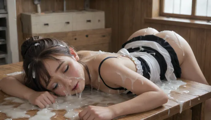 insanely hot, light hair in updo, hd eyes, (Hyuuga hinata), highly detailed face, cute, teenager, (young:1.8), well tanned skin, dark tan, french maid outift, torn dress, big butt, lying on kitchen table, passed out, asleep, eyes closed, knocked out, head leaning against a wicker basket, left for dead, used, abused, degraded, defiled, humiliated, covered in excessive cum, cum drenched, cum all over her body, cum on clothes, cum covered face, face drenched in cum, cum in hair, super massive geyser internal cumshot, super massive cum puddle, lots of cum, cum on breasts, extreme cum play, cum on thigh, cum on hair, cum on face, cum dump, excessive cum, huge creampie, (cum covered:2), woman, cum, on, face, maid, hhwiafu, full body view, <lora:JustCum:1.1>, <lora:754990_training_data:2>, <lora:xl_cute_maid_dress-1.0:1.6>, <lora:Hinata Hyuuga:2>
