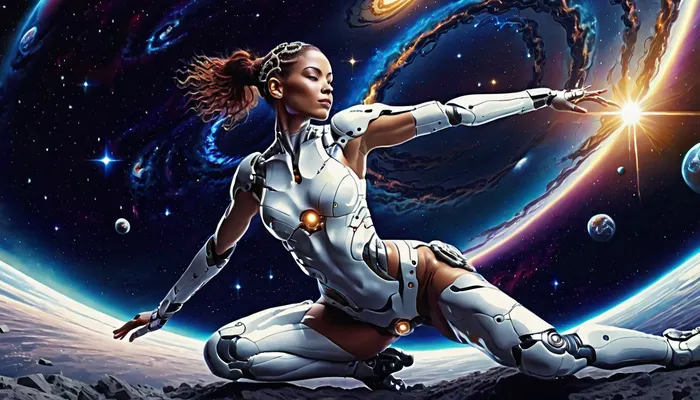 (Android girl:1.5), (cyborg:1.6), Does the splits in the outer space, against the backdrop of a spiral galaxy