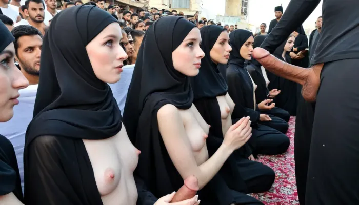freckled skiny girls praying, in front of a naked mans with a large erect penis and large testicles stands, sitting in line, pale skin, kaaba, perfect face, detailed face, wearing black hijab, crowd of people praying, half side view, <lora:SDXLHighDetail_v5:.5>