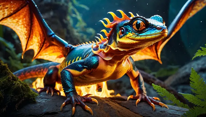 Realistic full-color image in fantasy style, quality 8K, bright colors, rich colors, masterpiece, in the night darkness, Fire salamander which looks like a large winged lizard made of flames with huge eyes, its body is completely composed of fire, bright saturated intertwining of cold and hot shades of fire, in flight spread her huge wings wide, ((in front of the salomander stands a young woman with a fabulously beautiful face)), long developing golden hair that intertwined with the glow of the salamander's wings, with a chiseled figure, thin waist, high breasts, ((raised her hands to the salamander's head, floating in a powerful energy flow)), .