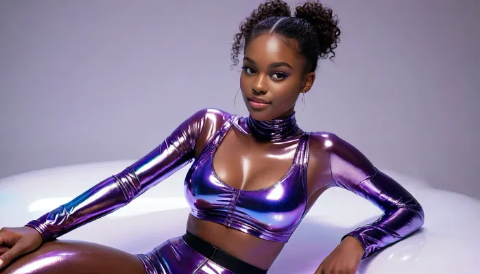 A close view from above from the side, a confident extremely busty afro-american 18 year old young girl with sleek dark curly hair tied in a high ponytail is lying on a glossy, glowing runway, dark skin, Happy playful smile, She wears a shiny cropped iridescent violet jacket over a black mesh vinyl bodysuit, (big brasts under the bodysuit:1.6), paired with shiny high-waisted vinyl shorts and tall white platform boots. Her hand is raised in greeting, concentric neon rings, <lora:MJ52:1.1>