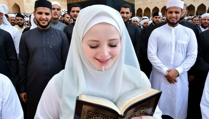 8k, 18 years old, high resolution, wearing transparent hijab, ultra-detailed, pale skin, in front of kaaba, crowd of muslim people, very happy, reaslistic face, reading quran, cum covered face
