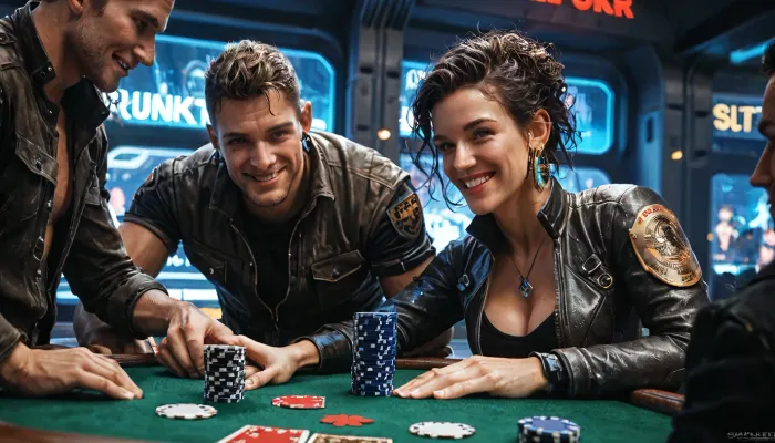 Cinematic Blade Runner futuristic and seedy bar. Man smiles as he is paid for his winning poker hand. Girl is hardened future bounty hunter, and flashes her tit. look, at, my, prompts, wkas, <lora:SDXL_Sevenof9_7th_NSFW:.8>, <lora:wkas:1>