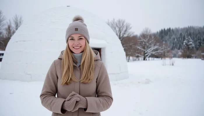 A snowy winter landscape with a igloo. A young blonde woman, wearing a winter coat, bobble hat, gloves, smiling.