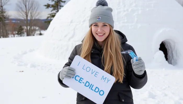 A snowy winter landscape with a igloo. A young blonde woman, wearing a winter coat, bobble hat, gloves, smiling, holding a sign with text "I LOVE MY ICE-DILDO" and a painted icicle.
