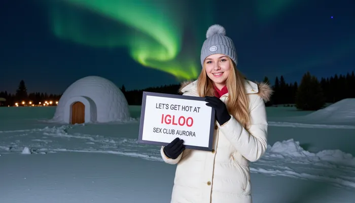 A snowy winter landscape with a igloo, dark sky with northern lights . A young blonde woman, wearing a winter coat, bobble hat, gloves, smiling, holding a sign with text "LET'S GET HOT AT IGLOO SEX CLUB AURORA".