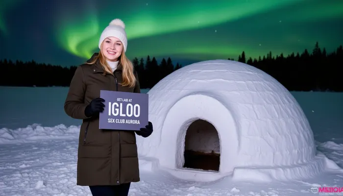 A snowy winter landscape with a igloo, dark sky with northern lights . A young blonde woman, scandinavian, nordic beauty, wearing a winter coat, bobble hat, gloves, smiling, holding a sign with text "GET LAID AT IGLOO SEX CLUB AURORA".