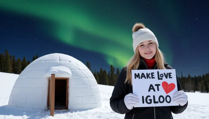 A snowy winter landscape with a igloo, dark sky with northern lights . A young blonde woman, scandinavian, nordic beauty, wearing a winter coat, bobble hat, gloves, smiling, holding a sign with text "MAKE LOVE AT IGLOO SEX CLUB AURORA" and a painted red heart.