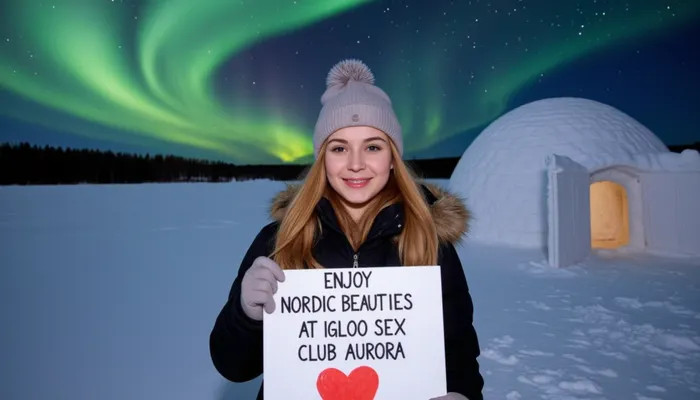 A snowy winter landscape with a igloo, dark sky with northern lights . A young blonde woman, scandinavian, nordic beauty, wearing a winter coat, bobble hat, gloves, smiling, holding a sign with text "ENJOY NORDIC BEAUTIES AT IGLOO SEX CLUB AURORA" and a painted red heart.