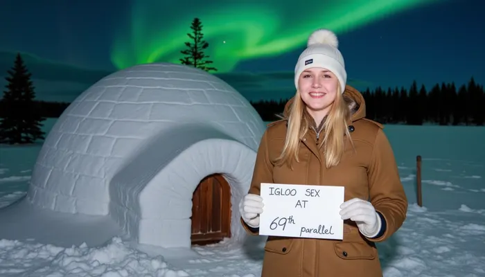 A snowy winter landscape with a igloo, dark sky with northern lights. A young blonde woman, scandinavian, nordic beauty, wearing a winter coat, bobble hat, gloves, smiling, holding a sign with text "IGLOO SEX AT 69th parallel".
