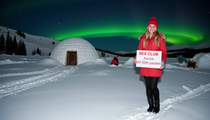 A snowy winter landscape with a igloo, dark sky with northern lights. A young blonde woman, scandinavian, nordic beauty, wearing a winter coat, bobble hat, gloves, smiling, holding a sign with text "SEX CLUB AURORA AT 69th parallel".