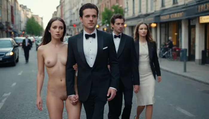 man and woman are walking on the street. Man in dressed in very fine tuxedo suit and woman is totally naked