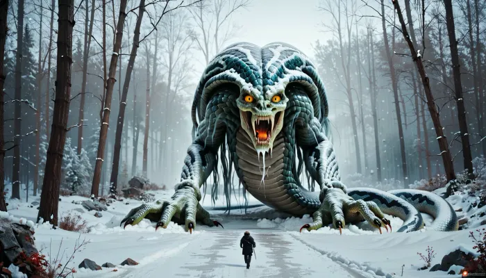 scary gigant monsters like a snake in Atarctica attack human. Dark. Many snow.