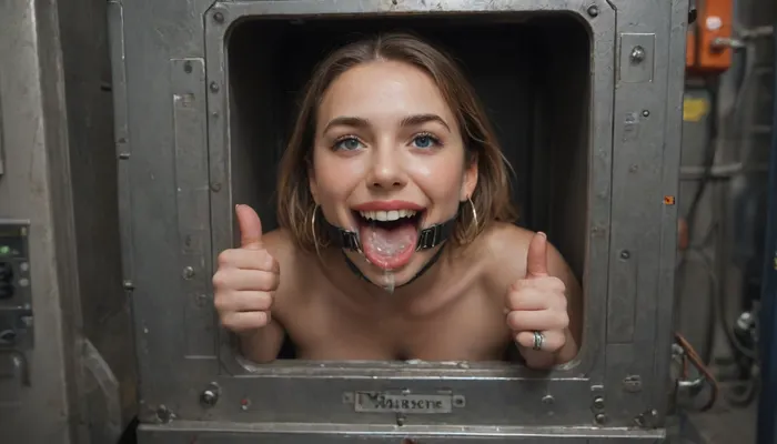 (woman is stuck with her hips in a round hole with metal rim in an arcade machine on a busy street, wearing a mouth spreader), (stuck in round hole with metal rim:1.1), (wide metal box), (her arms are fully stretched out to the sides), (arms restrained in contraption:1.2), (wide angle, full machine in picture:1.1), (bustling street, passersby:1.3), (wide smile, obsessive:1.3), (her arms are fixated in machine, she shows thumbs up:1.5), (score_9, score_8_up, score_7_up, UHD 8K, masterpiece, best quality, maximum details:1.2), natural light, extreme realism, cinematic still, (very happy), (her hands are protruding from holes:1.3), (stuck in hole with metal rim), (wide mouth spreader ring gag, gaping mouth:1.7), (leaning forward), (huge penis), (she stares at erect penis in front of her face:1.3), (cum on her face, bukkake:1.3)