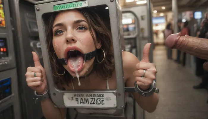 (woman is stuck with her hips in a round hole with metal rim in an arcade machine on a busy street, wearing a mouth spreader), (huge sign on top of machine reading "#DreamJob":1.3), (stuck in round hole with metal rim:1.1), (wide metal box), (her arms are fully stretched out to the sides), (arms restrained in contraption:1.4), (wide angle, full machine in picture:1.1), (bustling street, passersby:1.3), (wide smile, obsessive:1.3), (her arms are fixated in machine, she shows thumbs up:1.5), (score_9, score_8_up, score_7_up, UHD 8K, masterpiece, best quality, maximum details:1.2), natural light, extreme realism, cinematic still, (very happy), (her hands are protruding from holes:1.3), (stuck in hole with metal rim), (wide mouth spreader ring gag, gaping mouth:1.7), (leaning forward), (huge penis), (she stares at erect penis in front of her face:1.3), (cum on her face, bukkake:1.3)