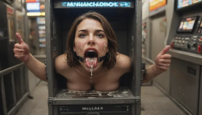 (woman is stuck with her hips in a round hole with metal rim in an arcade machine on a busy street, wearing a mouth spreader), (huge sign on top of machine reading "#DreamJob":1.3), (stuck in round hole with metal rim:1.1), (wide metal box), (her arms are fully stretched out to the sides), (arms restrained in contraption:1.4), (wide angle, full machine in picture:1.1), (bustling street, passersby:1.3), (wide smile, obsessive:1.3), (her arms are fixated in machine, she shows thumbs up:1.5), (score_9, score_8_up, score_7_up, UHD 8K, masterpiece, best quality, maximum details:1.2), natural light, extreme realism, cinematic still, (very happy), (her hands are protruding from holes:1.3), (stuck in hole with metal rim), (wide mouth spreader ring gag, gaping mouth:1.7), (leaning forward), (huge penis), (she stares at erect penis in front of her face:1.3), (cum on her face, bukkake:1.3)