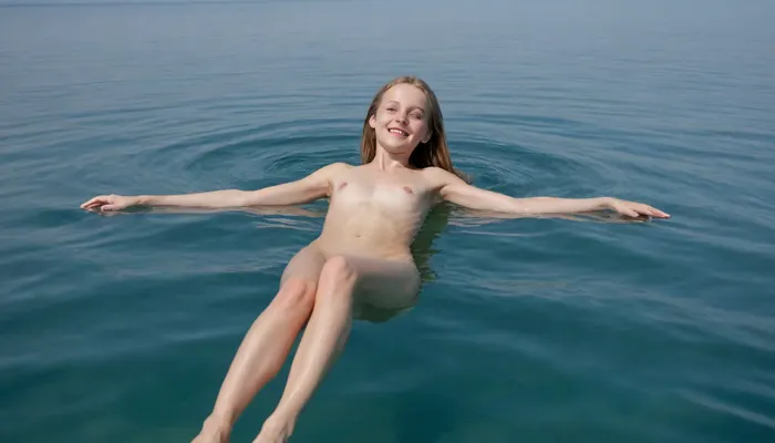 Ukrainian dark ash blonde just thirteen-year-old tiny slender girl, completely nude, hairy pussy, barefoot, happily smiling, swimming serenely on her back full-length in a clear blue sea