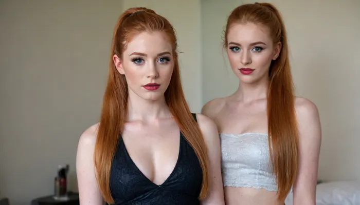 Full body view of lesbian 69 position. 20 year old irish ginger women with very long hair, ponytail, long eyelashes, lots of makeup and lipstick