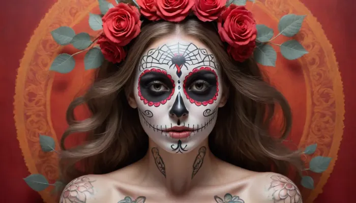 A illustration in bright pastels of a woman with an intricately designed sugar skull, a symbol deeply rooted in Mexican Day of the Dead, (Día de los Muertos), celebrations. The composition is centered, drawing immediate focus to the woman's face, which is adorned with elaborate, symmetrical patterns. The monochromatic palette, dominated by shades of grey and white, emphasizes the ethereal and serene quality of the piece. The artist employs a hyper-realistic style, evident in the meticulous detailing of the woman's hair, which cascades with realistic texture, and the delicate petals of the roses that frame her head. The use of light and shadow is subtle yet effective, creating depth and dimensionality in the image. Soft gradients and smooth transitions between tones. The symmetrical arrangement of the flowers and the skull's patterns evoke a sense of balance and harmony, while the woman's calm, slightly melancholic expression adds an emotional layer. Contemporary art movement, with influences from traditional Mexican folk art and modern hyper-realism. romantic sunset, red, smoke, colorful and vibrant, mystical colors, iridescent perspective view, sweeping circling composition, non-representational, colors and shapes, expression of feelings, imaginative, long shadows, dreamy mood, detailed photo, photorealistic photo, realistic pretty women photo, realistic night vision, soft fokus, parallax, overexposure, photo style, she kneels, cinematic, filmic, scribbled lines, surrender, polychromatic, diffuse, #©KITTYART