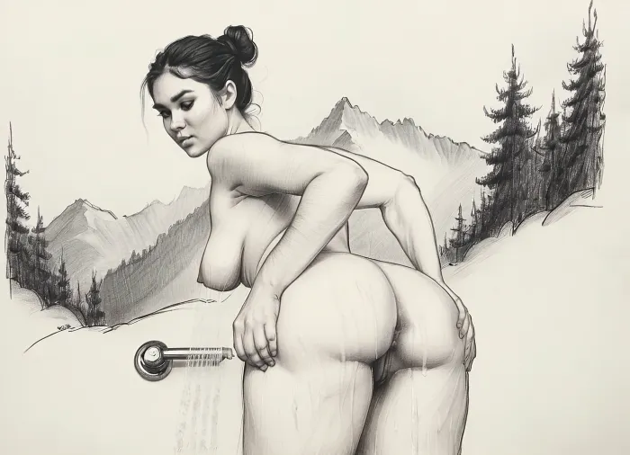 score_9, score_8_up, score_7_up, A detailed black and white pencil drawing with clean lines and meticulous shading, sketch of a nude woman with hair pulled into a bun on top of her head, she taking a shower outdoors, view of the mountains and forest, soft features, and a serene expression. She is lathering soap on her breasts with both hands, her trimmed, hairy pussy in full view. The drawing should have delicate shading and intricate details, capturing the essence of the subject with fine pencil strokes, background is be simple, allowing the focus to remain on the portrait itself, drawing, by, NTY, v0ng44g, sk3tch, .8>, sexy, 34d tits, saggy tits, large dark areolas, thick waist, wide hips, big ass, fat thighs, hairy pussy, 4, puffy, nipples, dark, ghost, wide, woman, <lora:sketch_it:1>, <lora:Nipples XL:.2>, <lora:finenude_v0_2a:.8>
