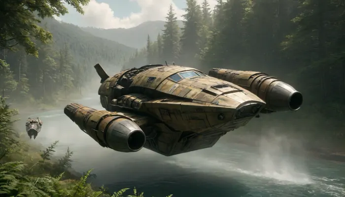 combat big combat and transport vehicle equipped with twin trucks hover seeing action on Fern., More Fern content can be found on my Fern Landscape., Hovering_, Hover_, Landscape, Render, water, color, mgt2e, spaceship, s3r3n1ty, Tank, 1, <lora:JJsLandscape_Render_XL:.8>, <lora:630414_training_data:1.4>, <lora:s3r3n1ty_SDXL_v1_32-000031:.5>, <lora:Modern Tank - XL SDXL V1.0:.1>