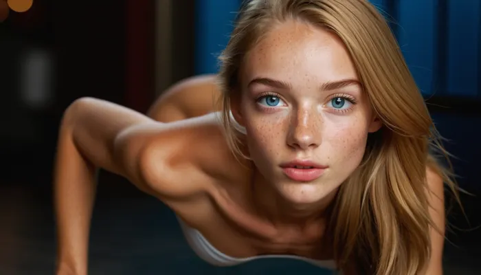 full body view, Uber realistic, perfect illumination, drawn on eyebrows, Very realistic woman, looking onto you from below, full body visible, 8K, UHD, (best illumination), best quality, ultra-detailed, fine detail, highres, 8k wallpaper, masterpiece, high definition, thin waist, (petite round breasts:.5), (((skinny athletic body:1.5))), beautiful slender legs, ((euro british girl of 18 years old:1.5)), bright gray-blue eyes, thin face, blonde pigtails, (highly detailed face, cute upturned nose, lightly upturned upper lip, (beautiful, freckles, blushing, nude)), small-medium perky tits, high chest, sharp focus
