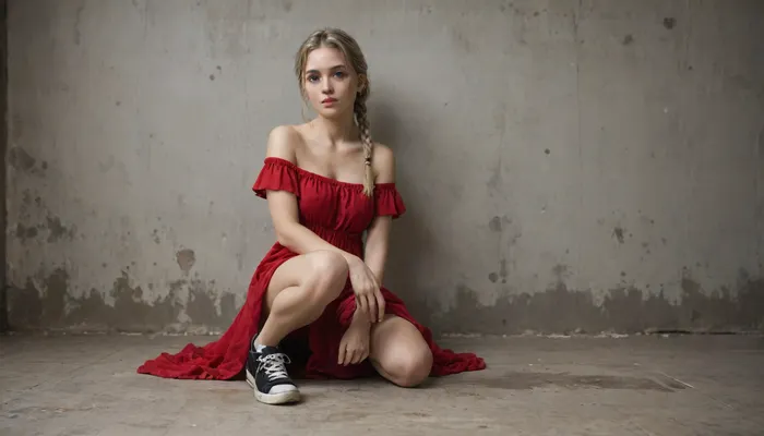 Young woman with very light blonde hair, styled in two braids. Pale skin tone, strikingly beautiful facial features. Red dress, partially slipped off, exposed shoulder, black sneakers, slightly dirty. Full body in frame!