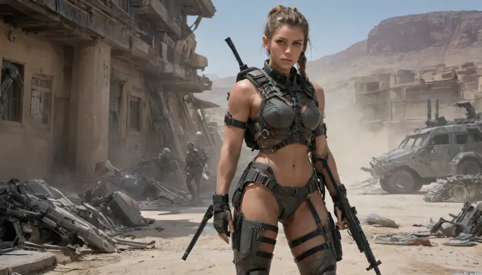 sexy nude body, deeply tanned, hair in a ponytail, realistic eyes, realistic oiled skin, uniform futuristic, no pants, (((combat harnesses))), Topless, bikini, leg guard, elbow guard, gauntlet, gray hoodies that let her see her bare stomach, small armor, camouflage, nude bare thigh, nude bare arm., point finger., Tactical Rifle different poses, Famas Assault Rifle, ((Desert war setting)), Plate, carrier, combat belt tactical, OCP, wkas, with, a, a man / a woman army, nude suit, helmet, harness, garter, straps, cupless, bra, <lora:wkas:.1>, <lora:Mecha_Ggorgeous_Armor-000011:.8>, <lora:230394_training_data:.6>, <lora:StarshipTroopers1024:1>, <lora:Harness_Straps_sdxl:.6>