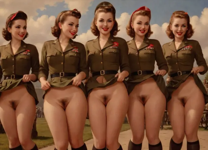 beautypinupart, style Gil Elvgren, Fifties pin-up illustration, line of 5 women, cheeky grins, world war two Women's Army Corps, full uniform, on the parade ground, lifting skirts showing hairy pussies, <lora:PinupManiaXL_V1.0:.5>, <lora:skirt lift XL V2:.5>, h41ry, <lora:h41ry:.8>