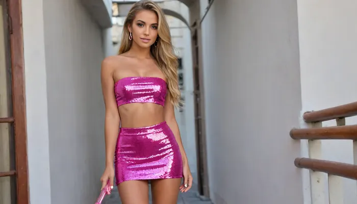 (Beautiful, 22 year old brazilian supermodel, 1.76 meters tall, (dark tan:1.3), bronze skin, (super long blonde hair with brown highlights:1.4), detailed brown eyes, (professional make up job, eyeliner, blush, mascara), long eyelashes, (high cheek bones:1.4), (button nose:1.3), (full pouty lips:1.2), firm 34c cup breasts, tight small ass, long shapely legs, long feminine arms, shaved pussy, smooth skin, pefect eyes, perfect teeth, painted fingernails, perfectly proportioned, highly detailed body and face), highly detailed background, necklace, earrings, bracelets, wearing, ((Sexy Hot sparkly sequin two piece mini skirt set, tube top and mini skirt set, pink:1.4)), (pink strapless heals), on a gondola ride in venice, cleavage, cameltoe, rear view, view of ass, <lora:add-detail-xl:.8>