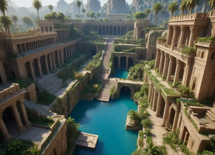 (Hanging Gardens of Semiramis:1.3), architecture of ancient Mesopotamia, (huge stepped terraces:1.2), cascading waterfalls, water structures, lush vegetation, (tall palm trees:1.1), lush greenery, (ancient ruins:1), (river:1), boats, (colorful facades:1.1), blue glazed tiles, tiles, bas-reliefs, arches, columns, (bright colors:1.2), fantasy art, photorealistic, detailed, high quality, cinematic, (soft light:1.1), dramatic, (fantasy:1.1), epic, wide angle, top view, concept art, 8K