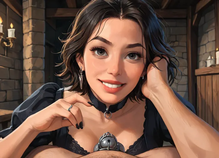 Bella, ruel mistress, 40 years old, beautiful face, (milf:1.4), (black:1.5), (short hair), messy hair, long sharp, (black nails:1.3), (wide silver wedding ring), realistic skin texture, (natural dark-drown eyes:1.3), (clear face), teas a man, smirk, grin, cruel mistress, femdom, Penis is locked in chastity cage, Pov, she touch locked penis, (chastity cage:1.3), (locked penis), (flaccid penis:1.3), (flat chastity cage:1.3), (negative chastity cage:1.3), (precum:1.4), (metal chastity cage:1.2), rods, mesh, small chastity cage, clothed, medieval outfit


medieval castle room, best lighting, lighting is warm, soft, diffused, ultra-detailed, 8K, cinematic daylight, soft colors, photorealistic oil painting, non-glossy skin, (j_cartoon:1.4), masterpiece, score_9, score_8_up, score_7_up, score_6_up, best quality, digital, (j_cartoon:1.5), Drawing, ohwx, <lora:samdoesarts1.1-000030:.4>, <lora:J_cartoon:.3>, <lora:Animated_Concept:.4>, <lora:scarlet_lora_sdxl_v3-000008:1.6>, NEGATIVE_HANDS, <lora:681678_training_data:.8>