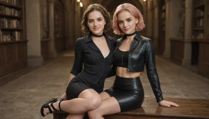 A cheerful 20-year-old girl, (Nymphadora Tonks, a character from the world of Harry Potter), with big firm tits and short pink hair, with a lustful smile sucks a big cock of a skinny young guy, (Harry Potter), . Cheerful girl, short hair, pink hair, big tits, firm tits, lustful look, wicked look, seductive look, unbuttoned jacket, black leather jacket, biker jacket, black choker, short leather skirt, tight skirt, black tight leather skirt, black stiletto sandals