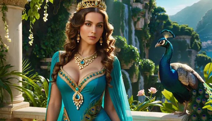 A young woman with long, curly chestnut hair, wearing a golden crown with precious stones on her head, dressed in a sexy, open turquoise dress with gold trim on the chest and shoulders, her breasts barely covered, and a gold necklace with precious stones, looks directly at the viewer., ((Next to her is a blue peacock)), to her left are pink flowers on a branch, and to her right are the, ((Hanging Gardens of Semiramis)), terraced steps with lush green vegetation and waterfalls flowing from the top of the structure, against a backdrop of mountains and blue sky, in a classical style. Epic lighting with an emphasis on architecture and greenery, soft golden daylight. Wide shot, symmetrical composition, breathtaking panorama. Detailed rendering of vegetation, reflections in water, ancient structures, fantasy art, photorealism Soft daylight lighting Torso-level portrait, medium shot Detailed rendering, bright colors, atmospheric, delicate facial features