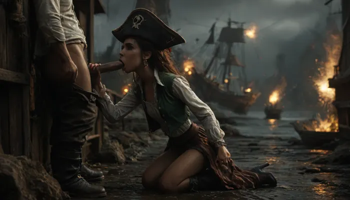 1girl, 1man, beautiful flat-chested, (Diana from warcraft), kneeling in front of old gigantic male pirate captain with an unkempt beard and pirate sabers, (sensual oral sex:1.5), (Diana is an incredibly beautiful woman with a slim and athletic build), perfect face, (she wears somewhat revealing clothes, consisting of a white blouse with seperate long sleeves, with a dark green vest that reveals her abdomen, black bell-bottom pants, black high-heeled boots and wears a black pirate hat on her head), (in front of an old harbor bar in a dark alley), (exploding pirate sailing ships in the background:1.6), (pirate harbor:1.4), (old male pirate captain), cumming onto face, heavy rain, night, storming, action pose, random view angle, huge explosion in harbor background shines brightly the body of the sexy pirate, wet, wet clothes, wet skin, wet hair, PiRe, sea, ship, creatures, adventure, Explosion, Artstyle, <lora:MJ52:.5>, <lora:888698_training_data:.7>, <lora:Pirate Ship Concept Art (VW Style)_epoch_10:.3>, <lora:dark:.1>, <lora:Explosion Artstyle - Trigger is Explosion Artstyle:1.1>