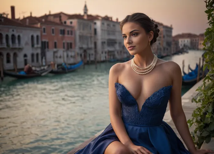 (UHD, 8K), (high quality photographie), (detailed eyes), (detailed skin), (ultra sharp), one only beautiful 30yo woman, (very small natural breast), (late evening time:1), long dark hair, hairbun, in a seductive blue evening gown with stockings, pearl necklace, sitting on a bench in a beautiful roof garden in Venice, (The Grand Canal can be seen in the background), no makeup, seductive smile, full body view, sunlight_str1, seductive look, <lora:sunlight_str1-SDXL_v1-dim64-steps1691:.3>, <lora:SDXLHighDetail_v6-000005:.5>, <lora:dark:.2>, <lora:EnvySharpDigitalPaintingXL01:.2>